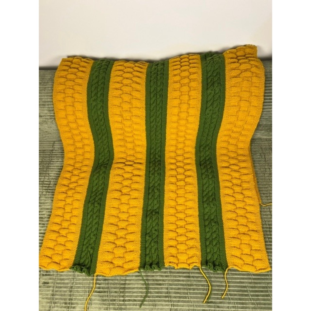 Handmade Crochet Blanket Orange Olive Green Striped Cable Basketweave 30x66 - Picture 2 of 6